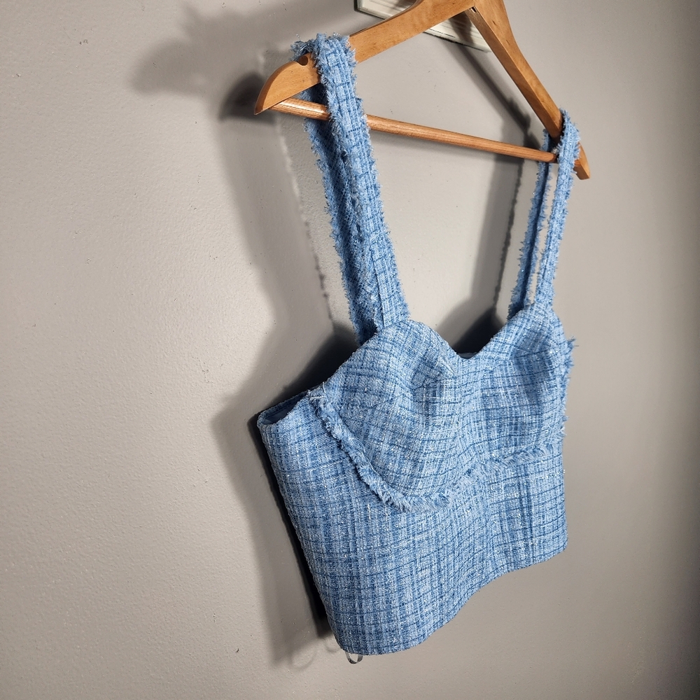 Guess Blue Metallic Tweed Fringed Emily Sleeveless Sweetheart Crop Top M - Picture 4 of 10